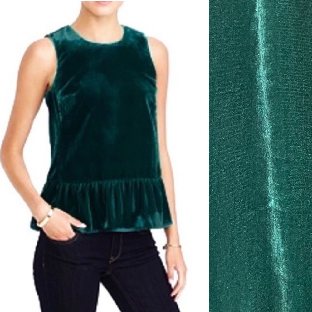 J. Crew Top Velvet Ruffle Peplum Sleeveless Emerald Green Tank Factory H1182